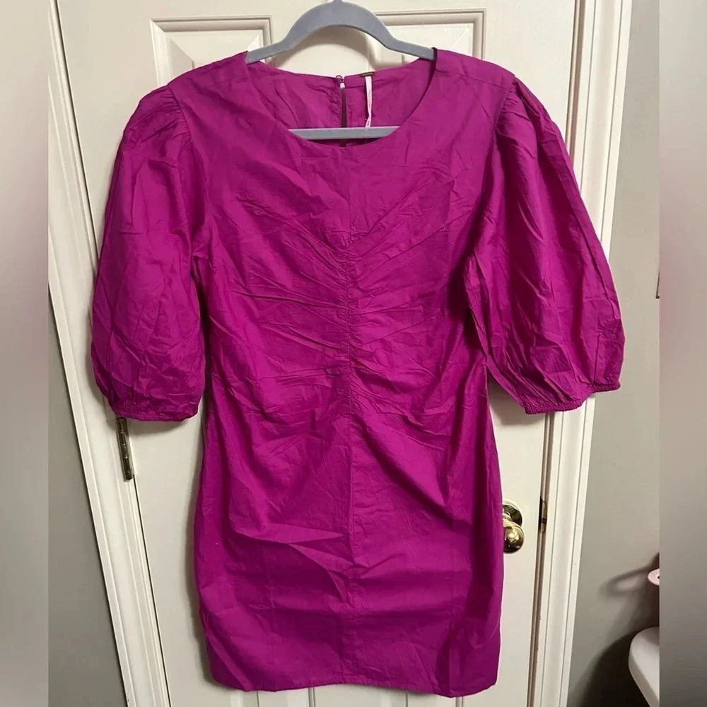 Free People Hope Fuchsia Pink Ruched Puff Sleeve Cotton Mini Dress Medium New - Picture 2 of 8